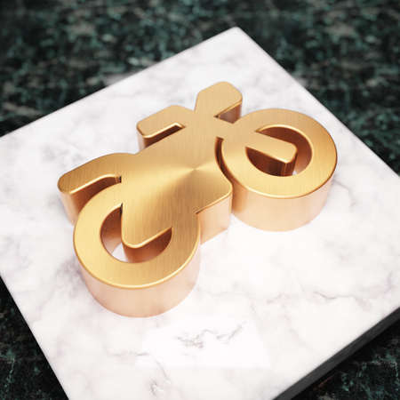 Motorcycle icon. Bronze Motorcycle symbol on white marble podium. Icon for website, social media, presentation, design template element. 3D render.の写真素材