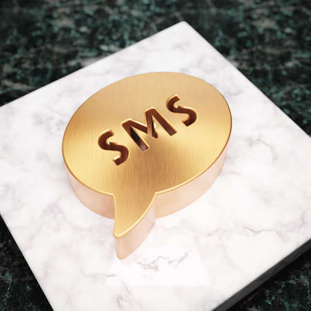 SMS icon. Bronze SMS symbol on white marble podium. Icon for website, social media, presentation, design template element. 3D render.の写真素材