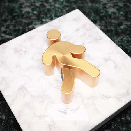 Walking icon. Bronze Walking symbol on white marble podium. Icon for website, social media, presentation, design template element. 3D render.の写真素材