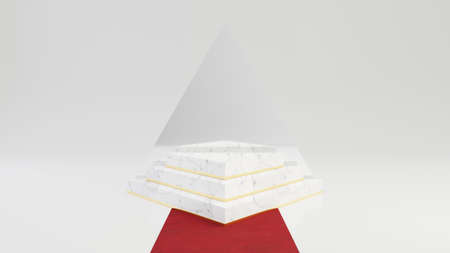 Triangle marble pedestal steps with round gold frame with mirror and red carpet isolated on white background. 3d rendered minimalistic abstract background concept for product placement.の写真素材
