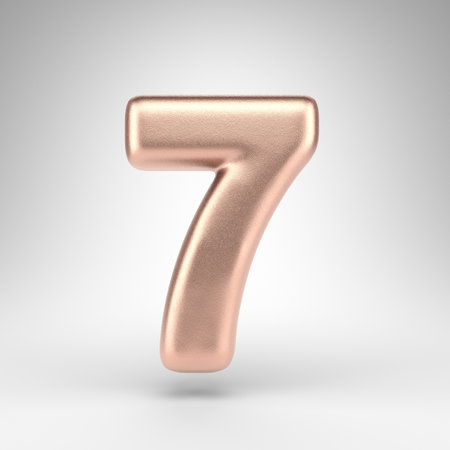 Number 7 on white background. Matte copper 3D rendered number with shiny metallic texture.の写真素材