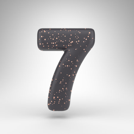 Number 7 on white background. Black matte 3D rendered number with copper dots texture.