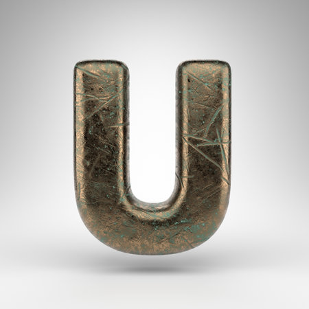 Letter U uppercase on white background. Bronze 3D rendered font with oxidized scratched texture.の写真素材