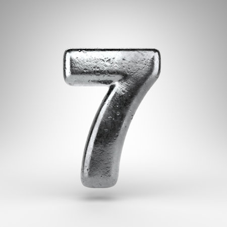 Number 7 on white background. Iron 3D rendered number with gloss metal texture.