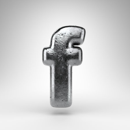 Letter F lowercase on white background. Iron 3D rendered font with gloss metal texture.