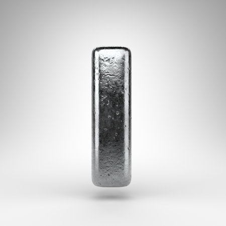 Letter I uppercase on white background. Iron 3D rendered font with gloss metal texture.の写真素材