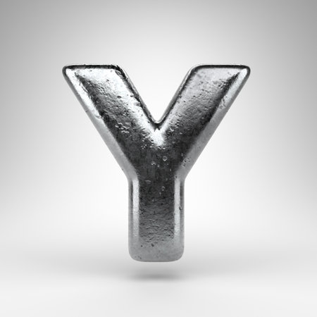 Letter Y uppercase on white background. Iron 3D rendered font with gloss metal texture.の写真素材