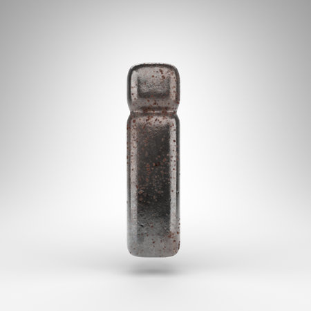 Letter I lowercase on white background. Rusty metal 3D rendered font with oxidized texture.の写真素材