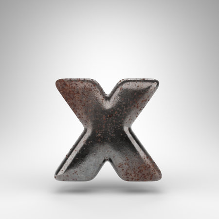 Letter X lowercase on white background. Rusty metal 3D rendered font with oxidized texture.の写真素材