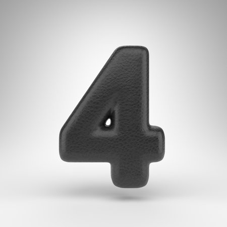 Number 4 on white background. Black leather 3D rendered number with skin texture.の写真素材