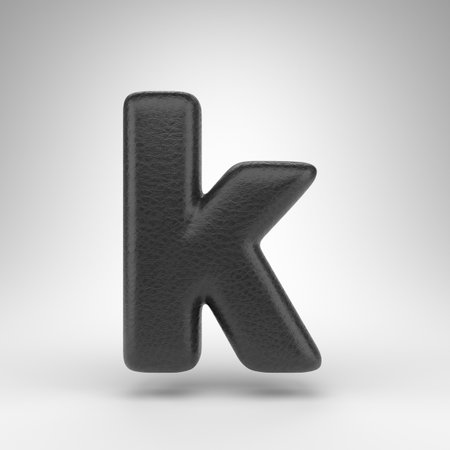 Letter K lowercase on white background. Black leather 3D rendered font with skin texture.の写真素材