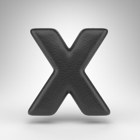 Letter X uppercase on white background. Black leather 3D rendered font with skin texture.の写真素材