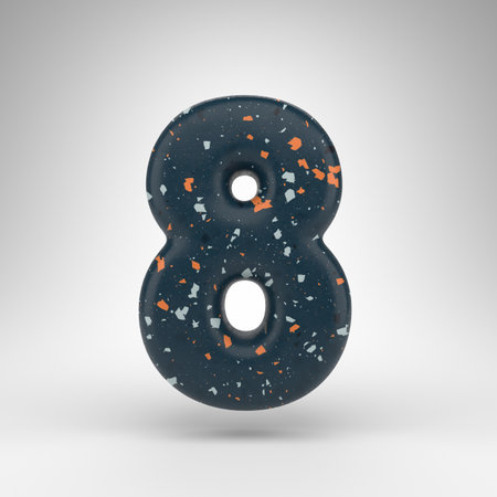 Number 8 on white background. 3D rendered number with blue terrazzo pattern texture.の写真素材