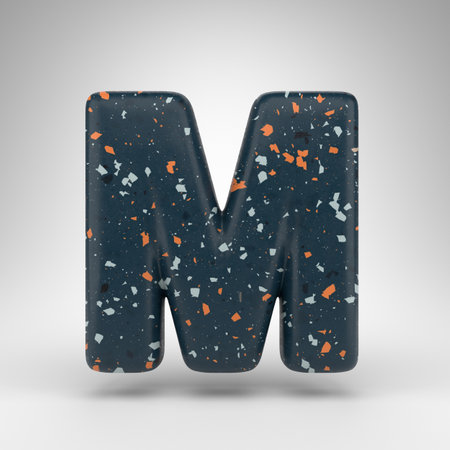 Letter M uppercase on white background. 3D rendered font with blue terrazzo pattern texture.の写真素材