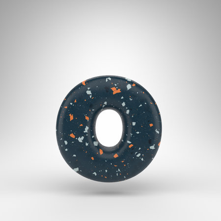 Letter O lowercase on white background. 3D rendered font with blue terrazzo pattern texture.の写真素材