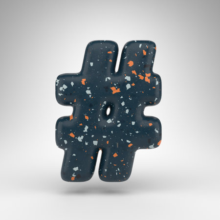 Hashtag symbol on white background. 3D rendered sign with blue terrazzo pattern texture.