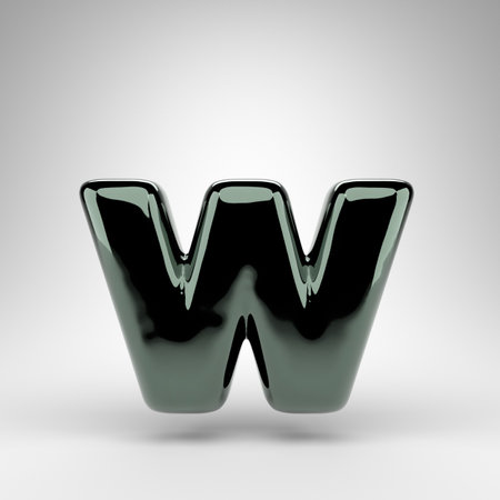 Letter W lowercase on white background. Green chrome 3D rendered font with glossy surface.の写真素材