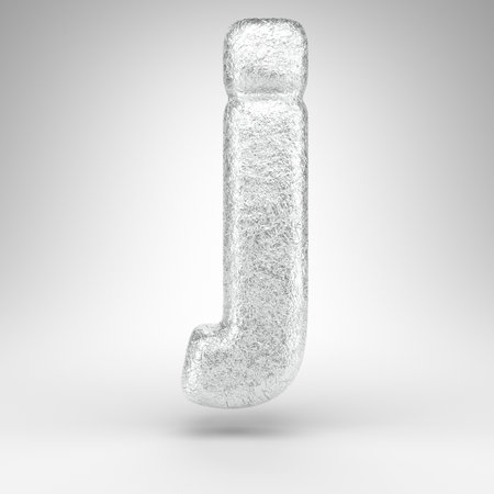 Letter J lowercase on white background. Creased aluminium foil 3D rendered font with gloss metal texture.の写真素材