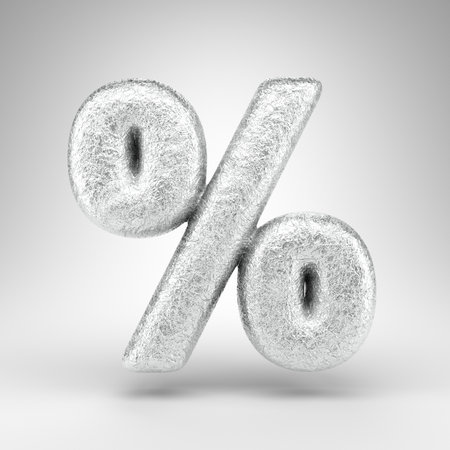 Percent symbol on white background. Creased aluminium foil 3D rendered sign with gloss metal texture.の写真素材