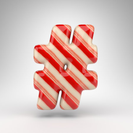 Hashtag symbol on white background. Candy cane 3D rendered sign with red and white lines.