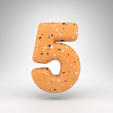 Number 5 on white background. 3D rendered number with orange terrazzo pattern texture.