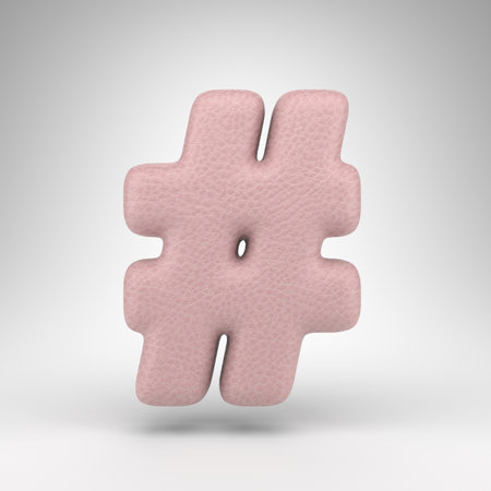 Hashtag symbol on white background. Pink leather 3D rendered sign with skin texture.