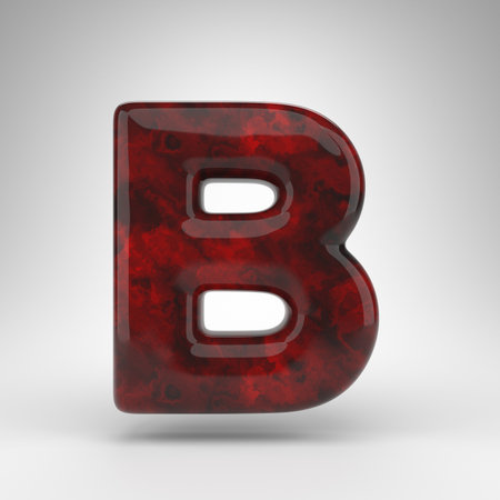 Letter B uppercase on white background. Red amber 3D rendered font with glossy surface.の写真素材
