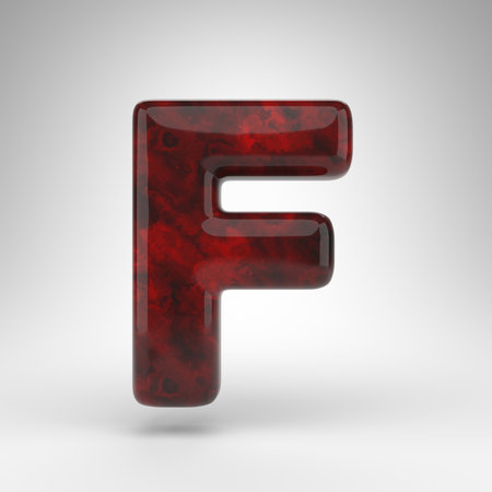 Letter F uppercase on white background. Red amber 3D rendered font with glossy surface.の写真素材
