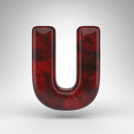 Letter U uppercase on white background. Red amber 3D rendered font with glossy surface.の写真素材
