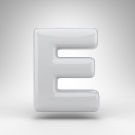 Letter E uppercase on white background. White plastic 3D rendered font with glossy surface.の写真素材