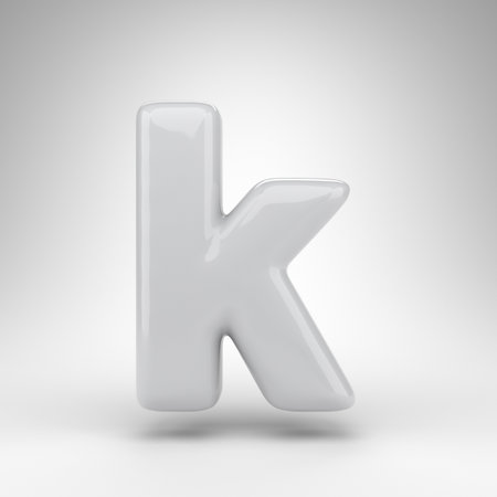Letter K lowercase on white background. White plastic 3D rendered font with glossy surface.の写真素材