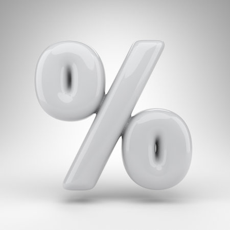 Percent symbol on white background. White plastic 3D rendered sign with glossy surface.の写真素材