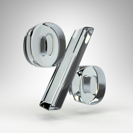 Percent symbol on white background. Camera lens transparent glass 3D rendered sign with dispersion.の写真素材