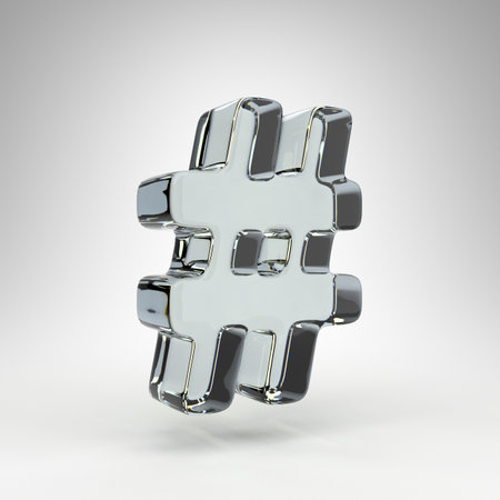 Hashtag symbol on white background. Camera lens transparent glass 3D rendered sign with dispersion.の写真素材