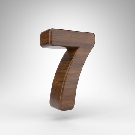 Number 7 on white background. Dark oak 3D rendered number with brown wood texture.の写真素材