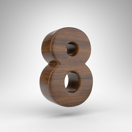 Number 8 on white background. Dark oak 3D rendered number with brown wood texture.の写真素材