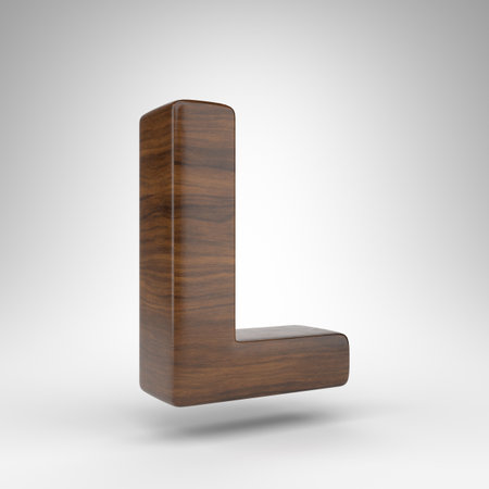 Letter L uppercase on white background. Dark oak 3D rendered font with brown wood texture.の写真素材