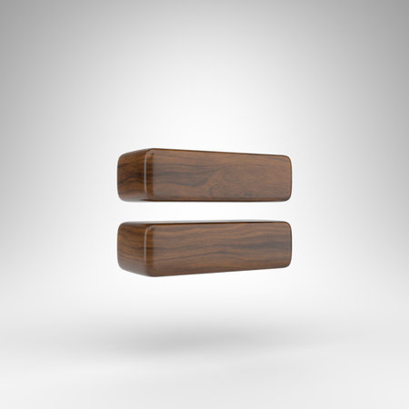 Equals symbol on white background. Dark oak 3D rendered sign with brown wood texture.の写真素材
