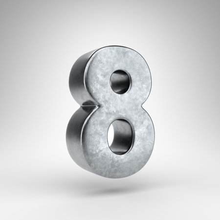 Number 8 on white background. Gun metal 3D rendered number with rough metal texture.