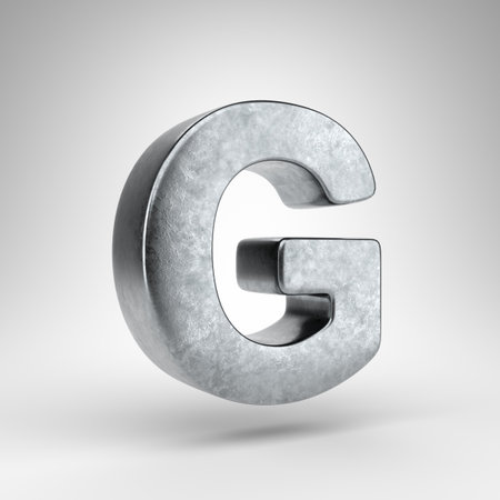Letter G uppercase on white background. Gun metal 3D rendered font with rough metal texture.の写真素材