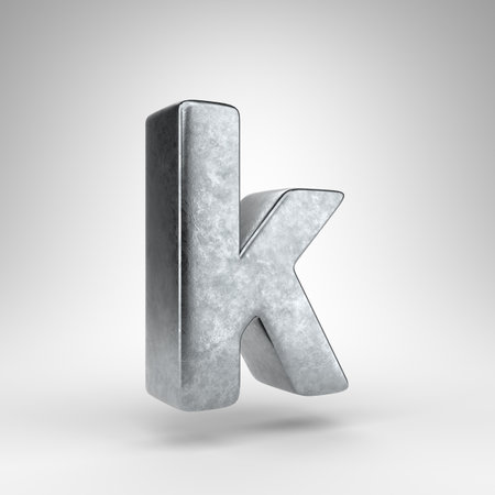 Letter K lowercase on white background. Gun metal 3D rendered font with rough metal texture.の写真素材
