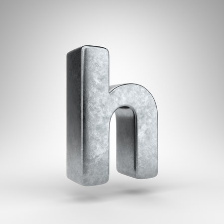Letter H lowercase on white background. Gun metal 3D rendered font with rough metal texture.の写真素材