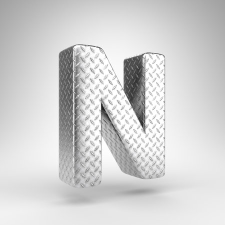 Letter N uppercase on white background. Aluminium 3D rendered font with checkered plate texture.の写真素材