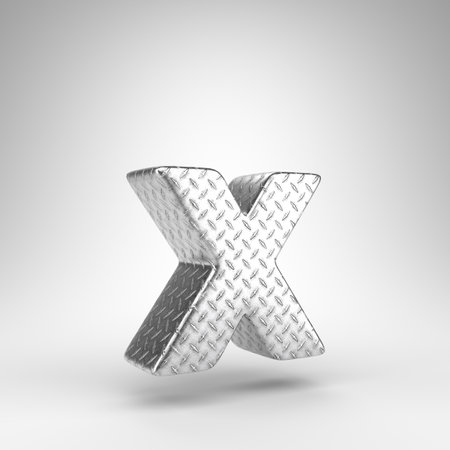 Letter X lowercase on white background. Aluminium 3D rendered font with checkered plate texture.の写真素材