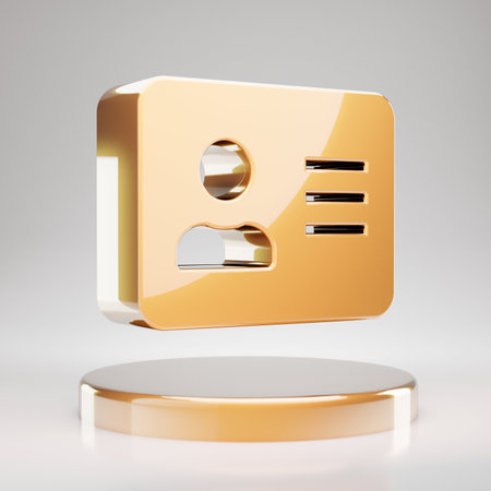 Address Card icon. Yellow Gold Address Card symbol on golden podium. 3D rendered Social Media Icon.の写真素材
