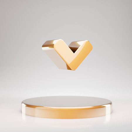 Angle Down icon. Yellow Gold Angle Down symbol on golden podium. 3D rendered Social Media Icon.の写真素材