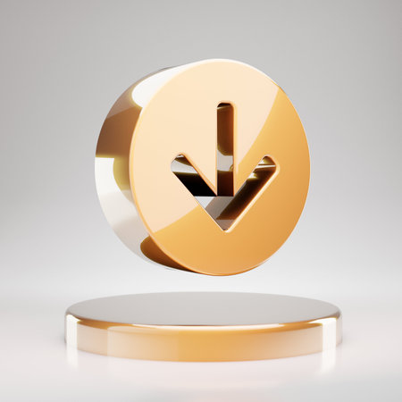 Arrow Circle Down icon. Yellow Gold Arrow Circle Down symbol on golden podium. 3D rendered Social Media Icon.の写真素材