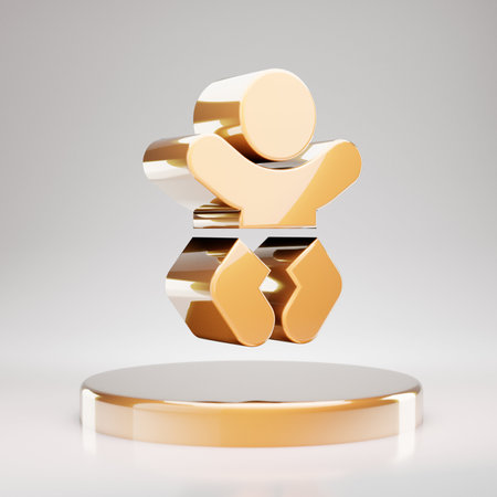 Baby icon. Yellow Gold Baby symbol on golden podium. 3D rendered Social Media Icon.の写真素材
