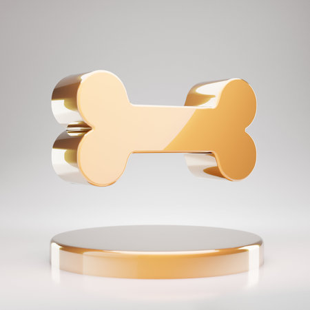 Bone icon. Yellow Gold Bone symbol on golden podium. 3D rendered Social Media Icon.の写真素材