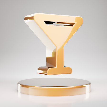Vermouth Glass icon. Yellow Gold Vermouth Glass symbol on golden podium. 3D rendered Social Media Icon.の写真素材